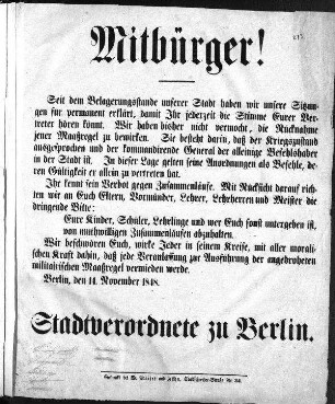 Mitbürger! Seit dem Belagerungsstande unserer Stadt haben wir unsere Sitzungen für permanent erklärt [...] (Sammlung Friedlaender)