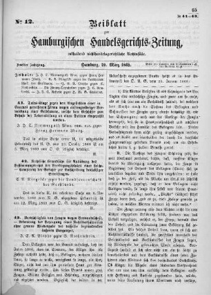 Beiblatt zur hamburgischen Handelsgerichts-Zeitung No. 12. Zweiter Jahrgang. Hamburg, 20. März 1869.