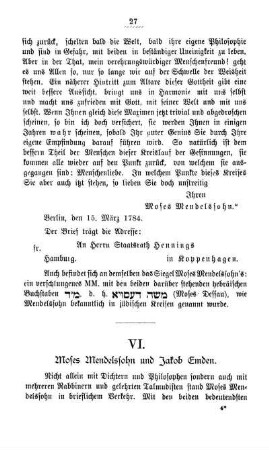 VI. Moses Mendelssohn und Jacob Emden.