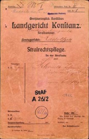 Johann Schmid, Gießer, Eigeltingen wegen Totschlags (an Major Scherer, Singen, im Anschluss an eine Demonstration wegen des Rathenau-Mordes)