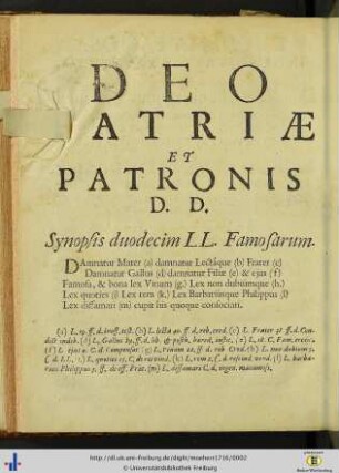 Deo patriae et patronis D. D...
