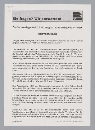 "Sie fragen? Wir antworten! Subventionen"
