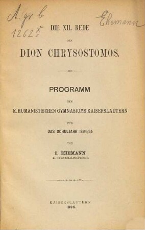 Die XII. Rede des Dion Chrysostomos