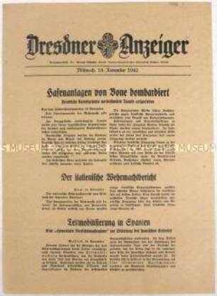 Nachrichtenblatt "Dresdner Anzeiger" mit Meldungen des Oberkommandos der Wehrmacht und des italienischen Oberkommandos u.a. zum Kriegsgeschehen an der Ostfront und in Nordafrika