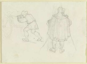 Vorgebeugter, an einem Wagen hantierender Mann sowie eine männliche Rückenfigur mit weitem Mantel, Kapuze und Stab (Pilger?), beide in Kostümen des 16. Jahrhunderts