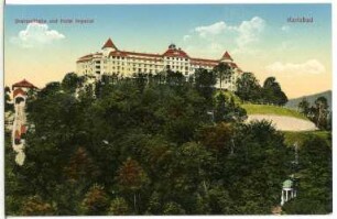 Karlsbad. Drahtseilbahn und Hotel Imperial : Karlsbad. Hotel Imperial (1910-1912; Ernest Hébrard). Ansicht mit Trasse und Bergstation der Drahtseilbahn in Betrieb (Standseilbahn Slovenská–Imperial; 1910-1912, 1959 stillgelegt), vorn rechts Dorotheen-Tempel von 1791