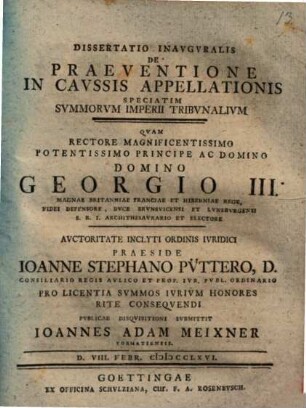 Diss. inaug. de praeventione in caussis appellationis, speciatim summorum Imperii tribunalium