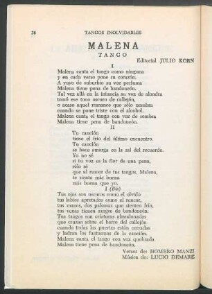 Malena : Tango. Editorial Julio Korn