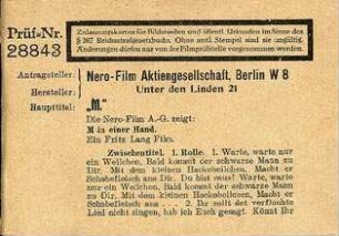Zensurkarte (Titelblatt) der Film-Prüfstelle Berlin, 27.4.1931