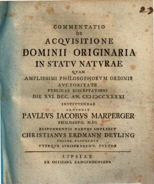 Commentatio de acquisitione dominii origenaria in statu naturae