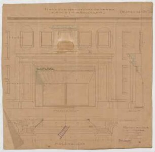 Thiersch, Friedrich von; München; Haus für Handel und Gewerbe - Kamin im Börsensaal (Grundriss, Ansicht, Schnitt)