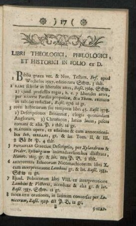Libri Theologici, Philologici, Et Historici In Folio ex D.