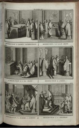 Planche. XIV. : No 1. Benediction des Habits Sacerdotaux ; No 2. Benediction d' une nouvelle Croix ; No 3. L' Adoration de la ditte Croix , No 4. Benediction du Soleil ; No 5. Benediction d' un homme de Guerre ; No 6. Benediction d' un Drapeau