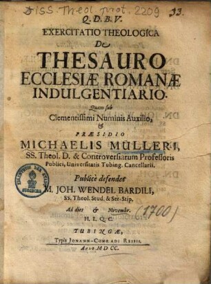 Exercitatio Theologica De Thesauro Ecclesiae Romanae Indulgentiario