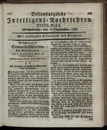 XXXVII. Stück. Sonnabends: den 16. September, 1786.