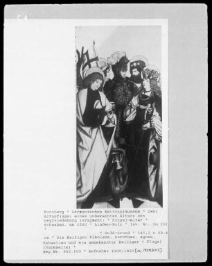 Zwei Altarflügel eines unbekannten Altars aus Seifriedsberg — Die Heiligen Petrus, Paulus, Mauritius, Elisabeth und Barbara — Die Heiligen Nikolaus, Dorothea, Agnes, Sebastian und ein unbekannter Heiliger