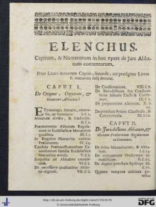 Elenchus Capitum, et Numerorum in hoc opere de Jure Abbatum contentorum.