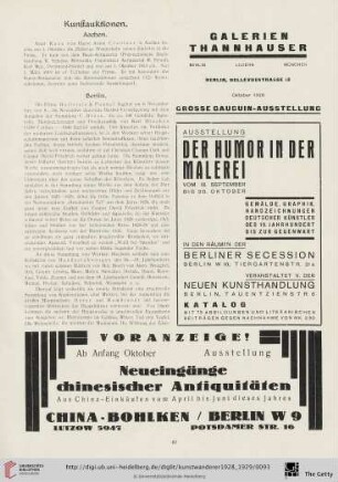 Kunstauktionen / Kunstausstellungen / Neue Kunstbücher / Aus der Museumswelt