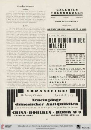 Kunstauktionen / Kunstausstellungen / Neue Kunstbücher / Aus der Museumswelt