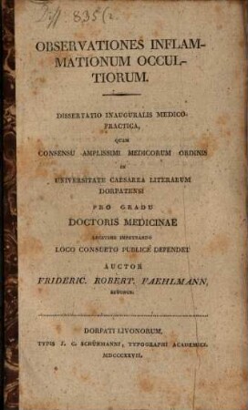 Observationes inflammationum occultiorum : Diss. inaug. med. pract.