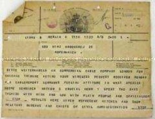 Fragment eines Telegrammes des Auslandskorrespondenten James O'Donnell Bennett an den Journalisten Leo Winz während des Ersten Weltkrieges - Personenkonvolut (englisch, deutsch)