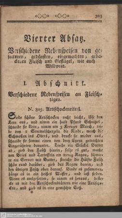 Vierter Absatz. Verschiedene Nebenspeisen von gesottenen, gedünsten, eingemachten, gebackenen Fleisch und Geflügel, wie auch Wildprät