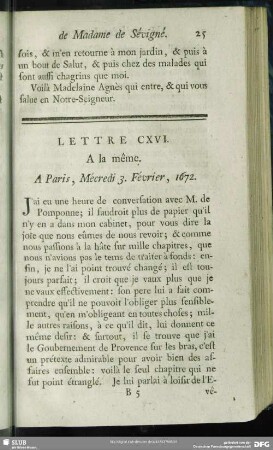 Lettre CXVI. A la même. A Paris, Mécredi 3. Février, 1672