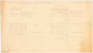 Gymnastikschule am See Monatskonkurrenz Dezember 1932: Grundriss Erdgeschoss, Obergeschoss, Aufriss Südansicht (Garten), Westansicht 1:100