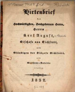 Hirtenbrief zum Bisthums-Antritte erlassen
