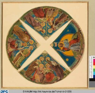 Skizze zur Kuppelmalerei in vier Sektoren: Christus als Herrscher - Drei Gruppen von vier, drei, vier Jüngern mit Symbolen (Studien zu den Wandgemälden im Braunschweiger Dom)