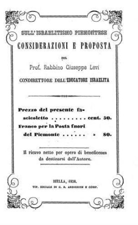 Sull'Israelitismo Piemontese considerazioni e proposta / del Giuseppe Levi