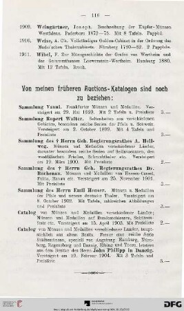 Von meinen früheren Auctions-Katalogen sind noch zu beziehen