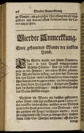 Vierdte Anmerkkung. Einer gehauenen Wunde der linkken Hand.