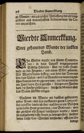Vierdte Anmerkkung. Einer gehauenen Wunde der linkken Hand.