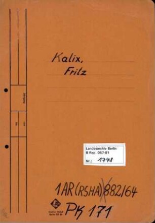 Personenheft Fritz Kalix (*07.12.1896), Polizeiinspektor