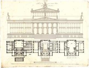 Schinkel, Karl Friedrich von; Berlin; Schauspielhaus Berlin - Aufriss Eingangsportal, Grundrisse der drei Geschosse