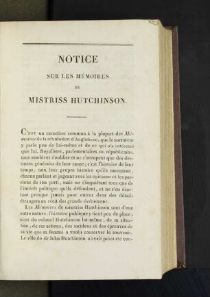 Notice sur les Mémoires de Mistriss Hutchinson
