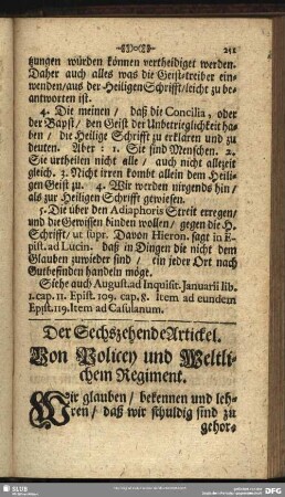 Der Sechszehende Artickel. Von Policey und Weltlichem Regiment