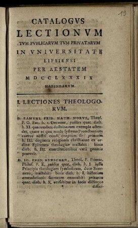 1789: Catalogus Lectionum Et Publicarum Et Privatorum In Universitate Lipsiensi ... Habendarum