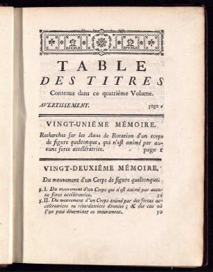Table des titres. Contenus dans ce quartiéme Volume.