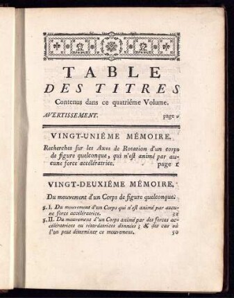 Table des titres. Contenus dans ce quartiéme Volume.