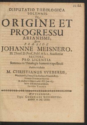 Disputatio Theologica Solennis, De Origine Et Progressu Arianismi