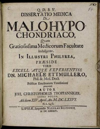 Dissertatio Medica De Malo Hypochondriaco