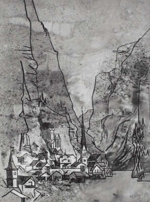 Konstruktive Gebirgslandschaft mit Stadt, Turm und See im Vordergrund