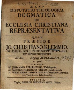 Disputatio Theologica Dogmatica De Ecclesia Christiana Repraesentativa