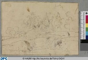 Skizze einer Landschaft mit Rundtempel und Pyramide