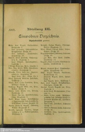 Abteilung III. Einwohner-Verzeichnis. Alphabetisch geordnet.