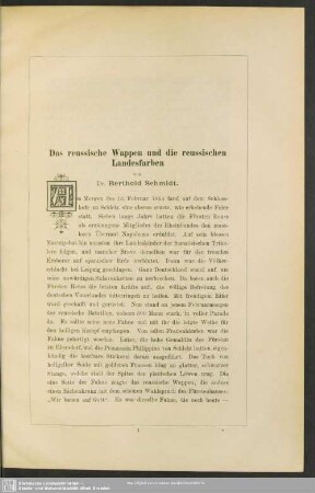 Das reussische Wappen und die reussischen Landesfarben