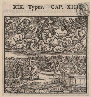 Gottvater thront über den Wolken mit einer Sichel in der rechten Hand, aus der Folge: Bilder zur Apokalypse