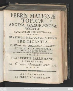 Febris Malignæ Topicæ Angina Gangrænosa Vocatæ Succinctam Delineationem